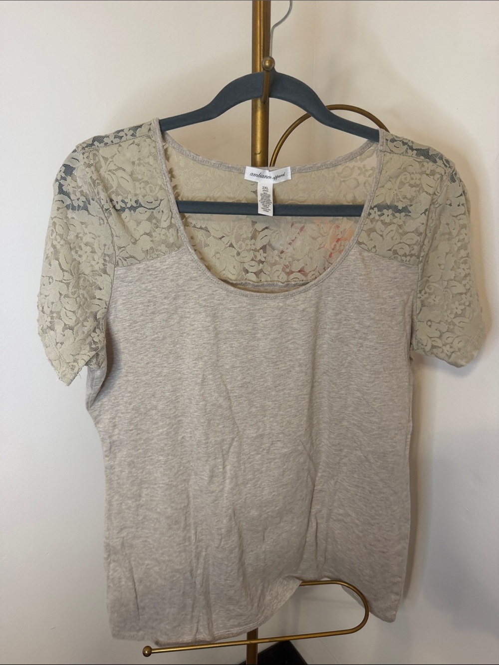 Ambrielle Short Sleeve Scoop Top with Lace
